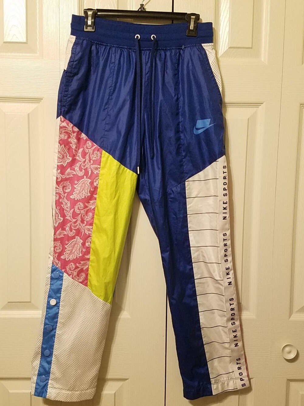 NIKE SPORTSWEAR Paisley Blue Pink Mix-Match Colorblock Track Wind Pants Womens M